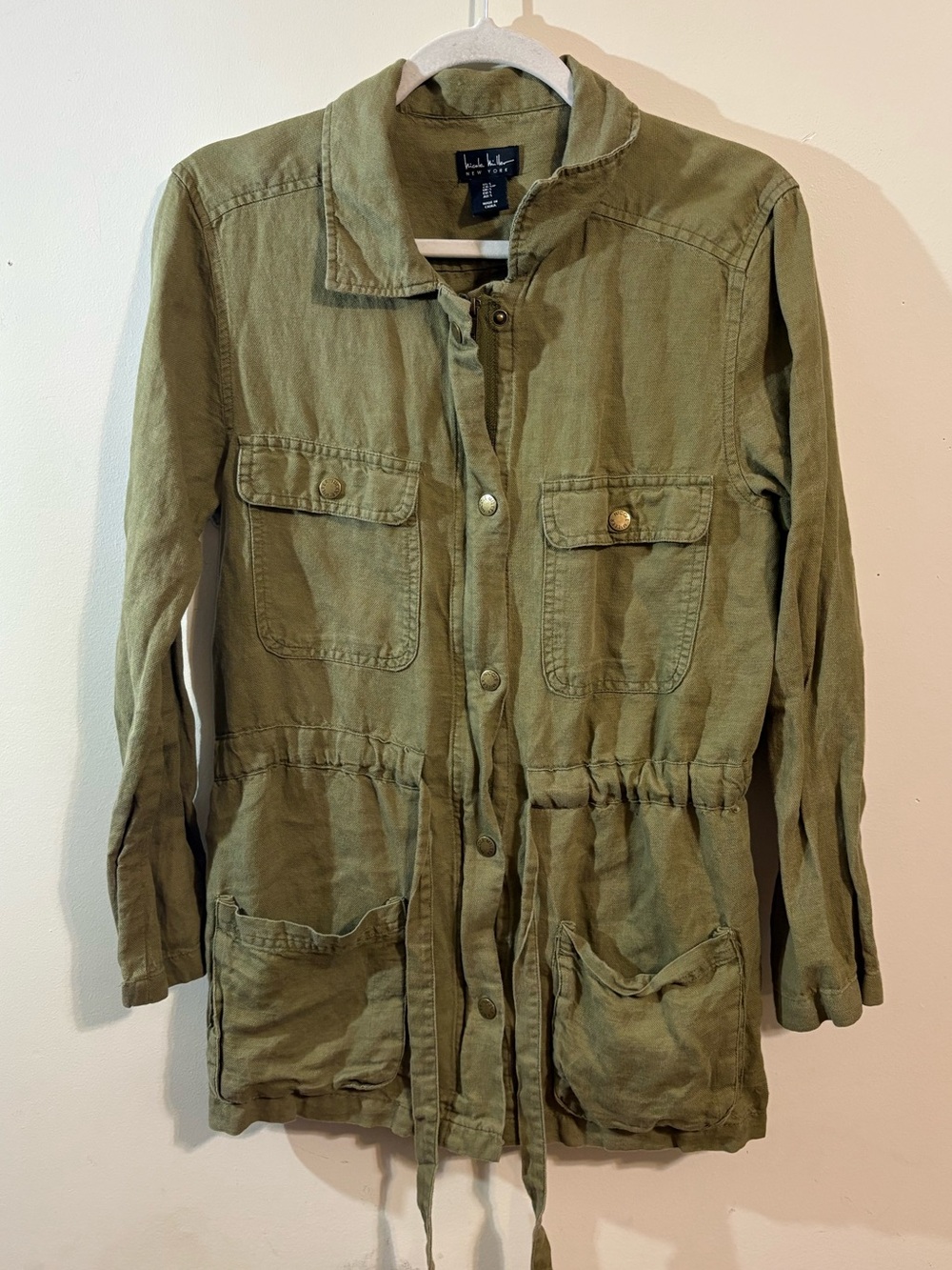 Nicole Miller utility jacket women’s small drawstring waist button pockets green